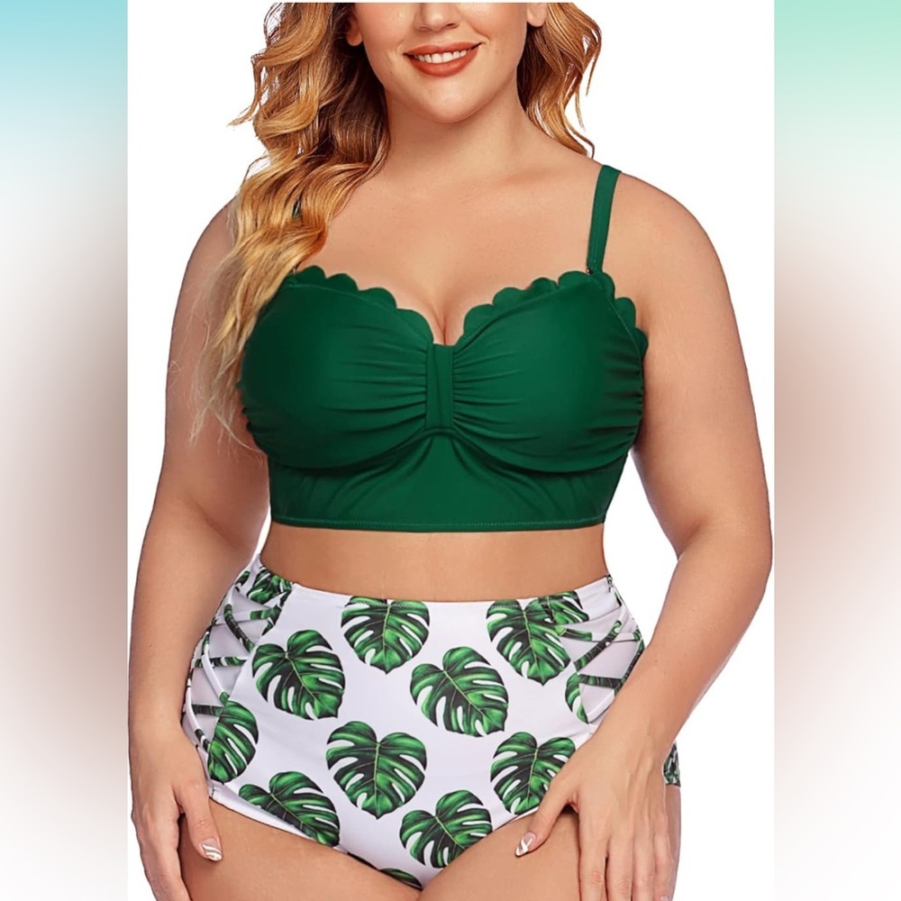 NWOT AVIDLOVE Plus Size Bikini Top w/Tropical Print High Waist Bottom